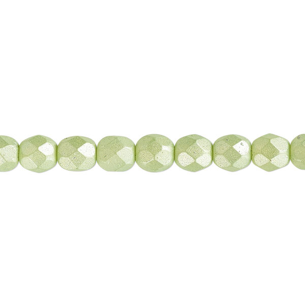 Bead, Czech fire-polished dipped décor glass, opaque pearlescent lime green, 6mm faceted round. Sold per 15-1/2" to 16" strand. image number 0