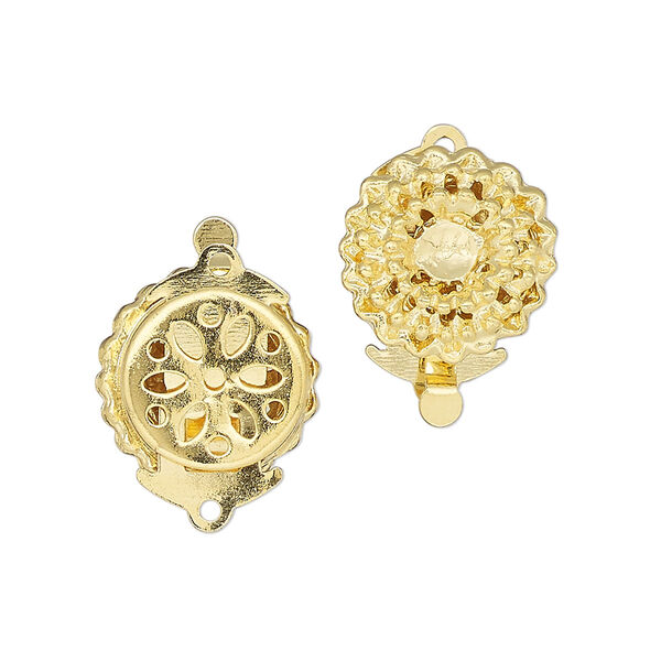 Clasp, tab, gold-finished brass, 15mm flower with 3mm round setting. Sold per pkg of 2. image number 0