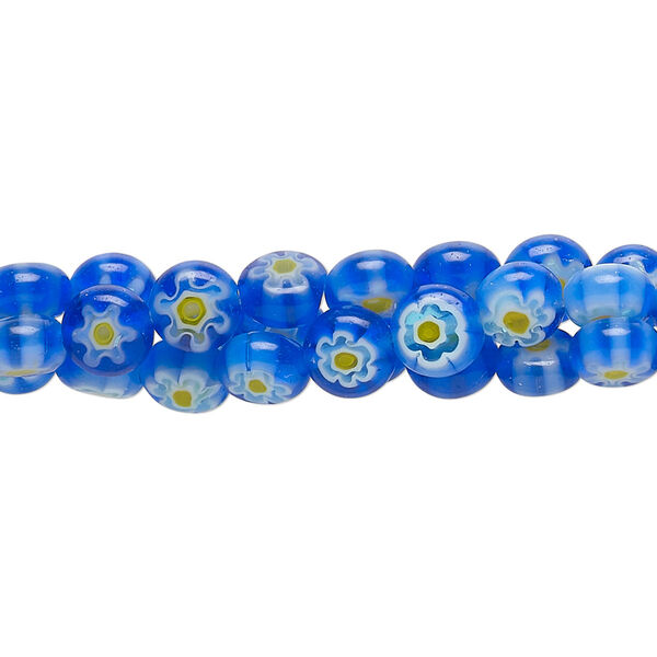 Bead mix, millefiori glass, translucent blue / light blue / yellow / white, 6mm puffed flat round with flower design. Sold per (3) 14-inch strands. image number 0