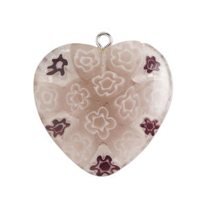 Component 1pkg1, silver-finished steel / millefiori glass, transparent / translucent purple / light purple / white, 28-30mm puffed heart.