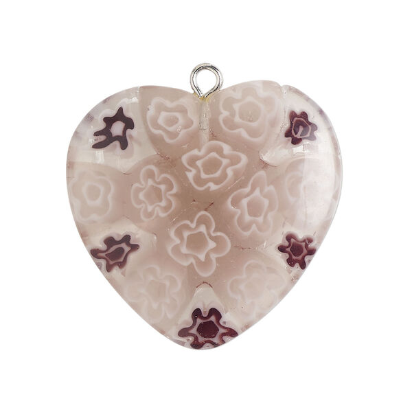 Component 1pkg1, silver-finished steel / millefiori glass, transparent / translucent purple / light purple / white, 28-30mm puffed heart. image number 0