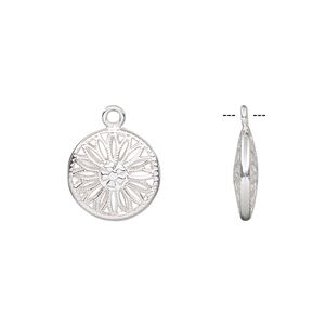 Drop, sterling silver, 12.5mm double-sided puffed round with cutout flower. Sold individually.