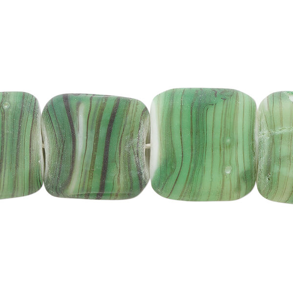 Bead, lampworked glass, opaque matte green / purple / white, 17x15mm-18x16mm flat rectangle with swirl design. Sold per 8-inch strand, approximately 10 beads. image number 0