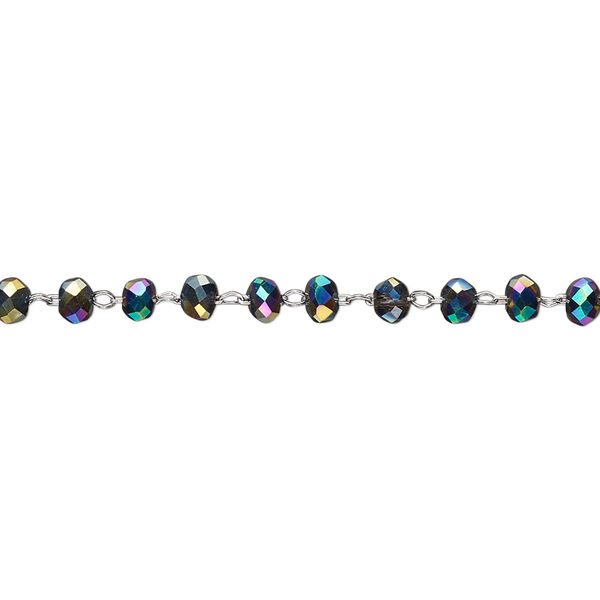 Chain, glass and stainless steel, metallic rainbow, 3.5mm faceted rondelle. Sold per pkg of 1 yard. image number 0