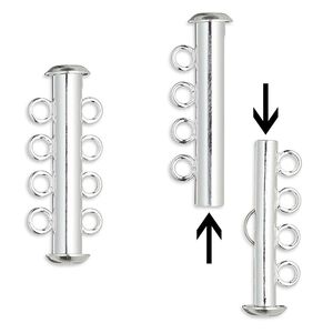 Clasp, 4-strand slide lock, silver-plated brass, 26x6mm tube. Sold per pkg of 100.