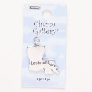 Charm, steel and enamel, pkg/1, silver finish and black, 24x23mm with "Louisiana."