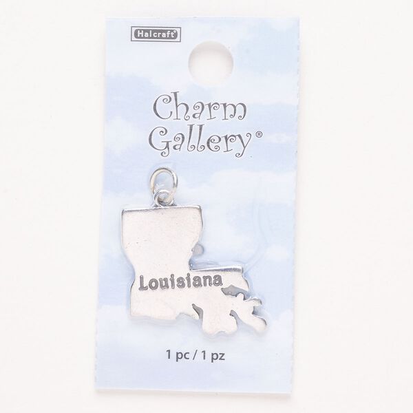 Charm, steel and enamel, pkg/1, silver finish and black, 24x23mm with "Louisiana." image number 0