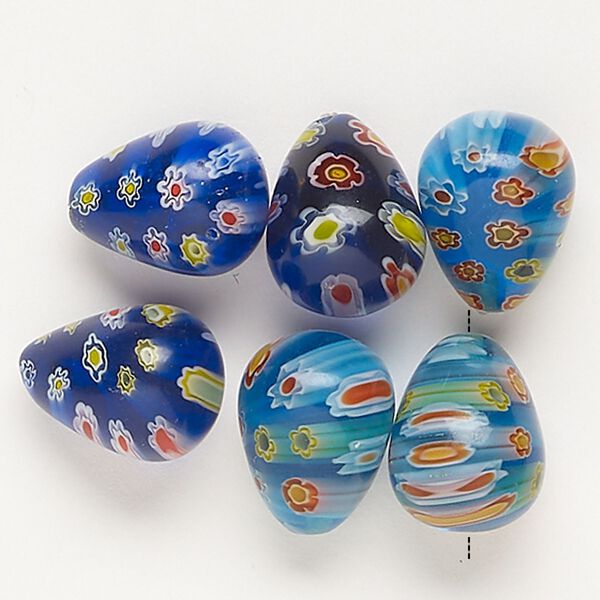 Bead, millefiori glass, translucent blue and multicolored, 14x11mm-15x12mm teardrop. Sold per pkg of 6. image number 0