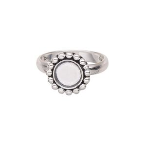 Ring, antiqued sterling silver, 4mm wide with beaded rim and 8mm round glue-in setting, size 9. Sold individually.