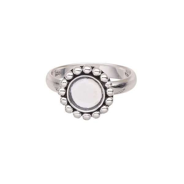 Ring, antiqued sterling silver, 4mm wide with beaded rim and 8mm round glue-in setting, size 9. Sold individually. image number 0