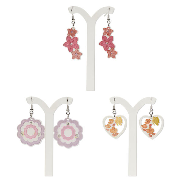 Earring mix, Everyday Jewelry, silver finish steel / glass / porcelain, multicolored, 20mm-50x25mm multi-shape with fishhook ear wire. Sold per pkg of 3 pairs. image number 0