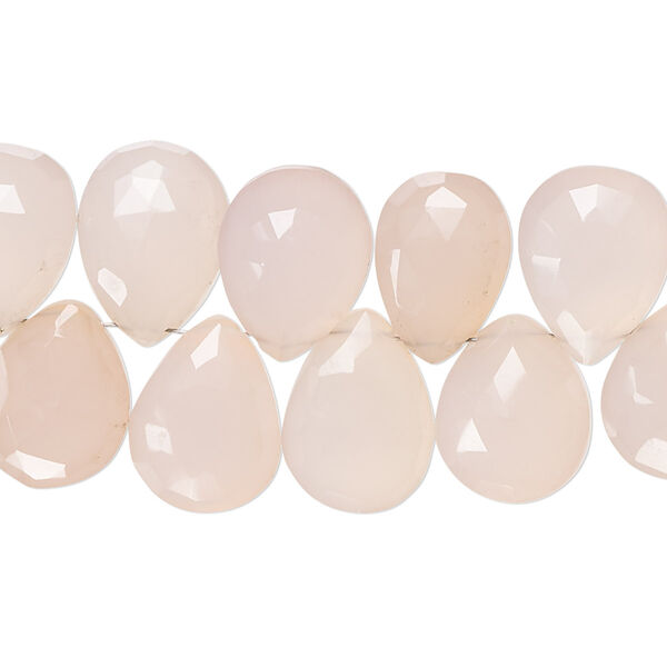 Bead, pink chalcedony (dyed), pale, 12x9mm-16x11mm hand-cut top-drilled faceted puffed teardrop with 0.4-1.4mm hole, B- grade, Mohs hardness 6-1/2 to 7. Sold per 8-inch strand. image number 0
