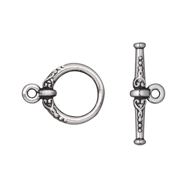 Clasp, TierraCast®, toggle, antique silver-plated pewter (tin-based alloy), 16mm fancy round. Sold per pkg of 10. image number 0