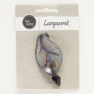 Focal, lampworked glass, black / blue / red-brown, 61x32mm twisted leaf with silver-colored foil and copper-colored foil. Sold individually.