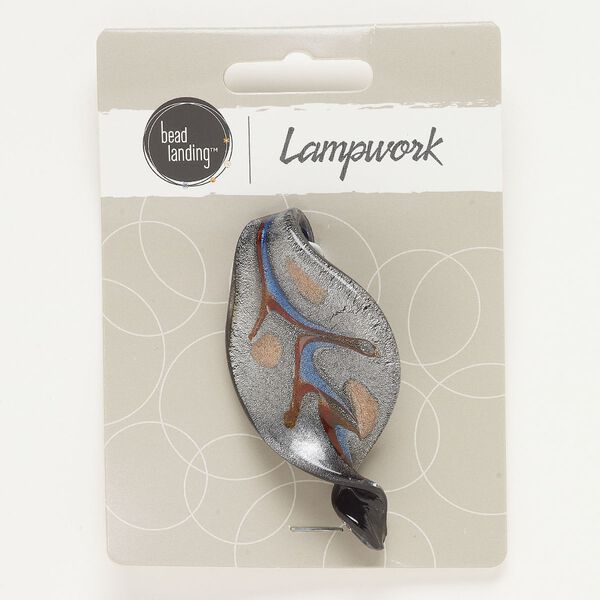 Focal, lampworked glass, black / blue / red-brown, 61x32mm twisted leaf with silver-colored foil and copper-colored foil. Sold individually. image number 0