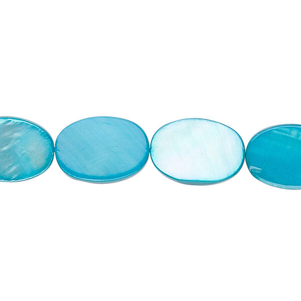 Bead, mother-of-pearl shell (dyed), turquoise blue, 14x10mm flat oval. Sold per 15" to 16" strand. image number 0