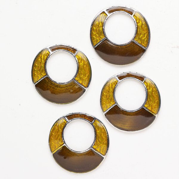 Focal 1pkg4 antique silver-finished brass and enamel, brown and golden yellow, 40mm undrilled single-sided round go-go. image number 0