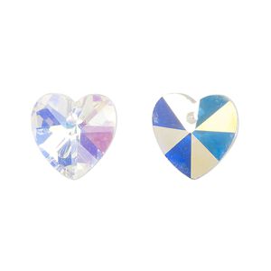 Drop, glass, translucent clear AB, 14mm heart. Sold per pkg of 12.