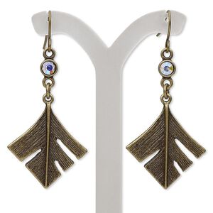 Earring, glass rhinestone with antique brass-finished brass and "pewter" (zinc-based alloy), clear AB, 2 inches with diamond feather and fishhook ear wire. Sold per pair.