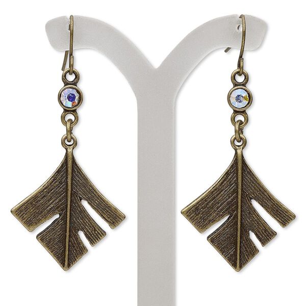 Earring, glass rhinestone with antique brass-finished brass and "pewter" (zinc-based alloy), clear AB, 2 inches with diamond feather and fishhook ear wire. Sold per pair. image number 0