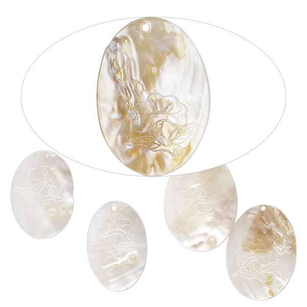 Focal, mother-of-pearl shell (natural/bleached), 61x40mm-70x49mm hand-carved oval with flower design, Mohs hardness 3-1/2. Sold per pkg of 5. image number 0