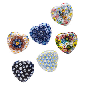 Bead, millefiori glass, translucent multicolored, 24-26mm half-drilled puffed heart with flower, star and tree design. Sold per pkg of 6.