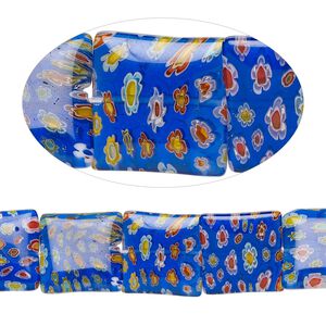 Bead, millefiori glass, translucent cobalt blue and multicolored, 18mm puffed square. Sold per 15-inch strand, approximately 20 beads.