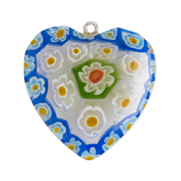 Focal 1pkg1, silver-finished steel / millefiori glass, translucent and transparent multicolored, 32-33mm puffed heart. image number 0