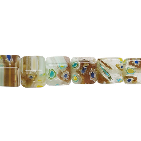 Bead, millefiori glass, clear / brown / multicolored, 7-9mm cube with flower/ sunburst / stripe design. Sold per 14-inch strand, approximately 50 beads. image number 0