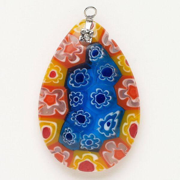 Focal 1pkg1 silver-finished steel and millefiori glass, translucent and transparent aqua blue and multicolored, 47x30mm-48x33mm puffed teardrop. image number 0