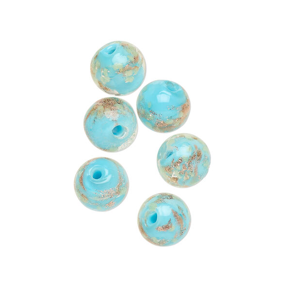 Bead, lampworked glass, clear / light blue / glow-in-the-dark / gold, 8mm round. Sold per pkg of 6. image number 0