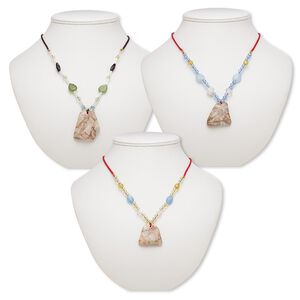 Multi-gemstone / acrylic / glass 1pkg3, freeform pendant necklace mix continuous loop 20 inch 32x27mm-48x36mm