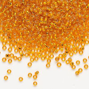 Seed bead, Miyuki, glass, pkg/25g, #11 rocaille, transparent silver-lined orange, (RR-8).