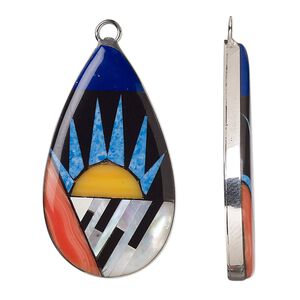 Focal, mother-of-pearl shell / resin / stainless steel, multicolored, 34x20mm-35x19mm single-sided flat teardrop with sun design. Sold individually.