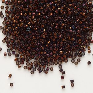 Seed bead, Delica®, glass, pkg/50g, #11 round, opaque metallic gold iris dark copper (DB-1002).