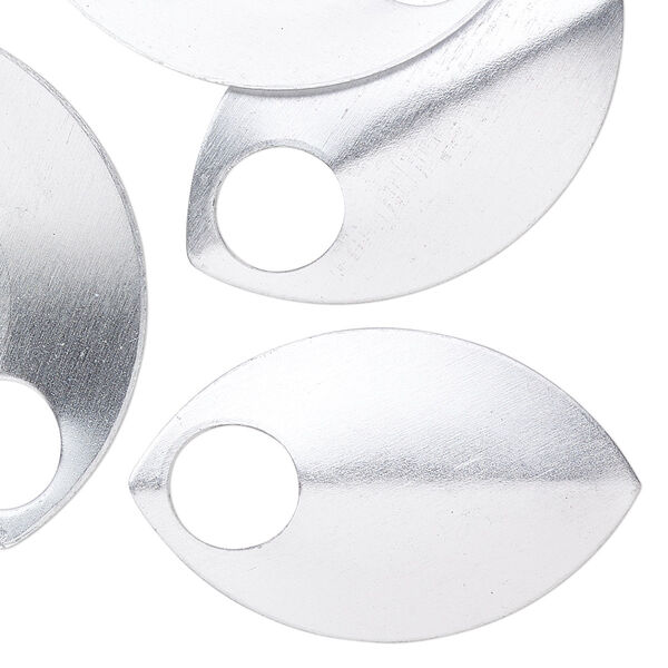 Component, anodized aluminum, silver, 36x22mm 2-sided curved scale blank with 8mm hole, 20 gauge. Sold per pkg of 20. image number 0