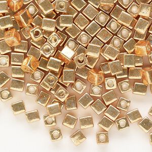 Seed bead, Miyuki, glass, pkg/25g, 3.5-3.7mm square, opaque metallic gold (SB-1053).
