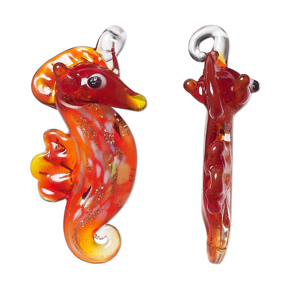 Focal, lampworked glass, red and multicolored, 30x17mm single-sided seahorse. Sold individually. image number 0