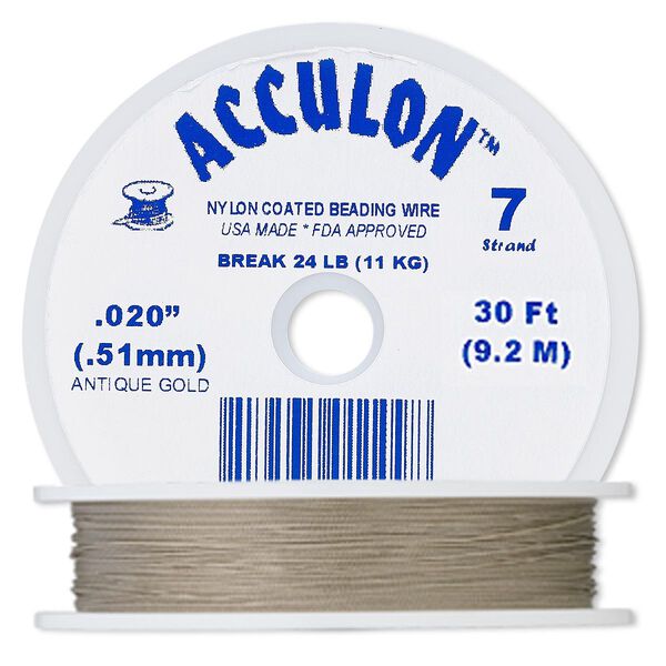 Beading wire, Acculon®, nylon-coated stainless steel, gold color, 7 strand, 0.020-inch diameter. Sold per 30-foot spool. image number 0