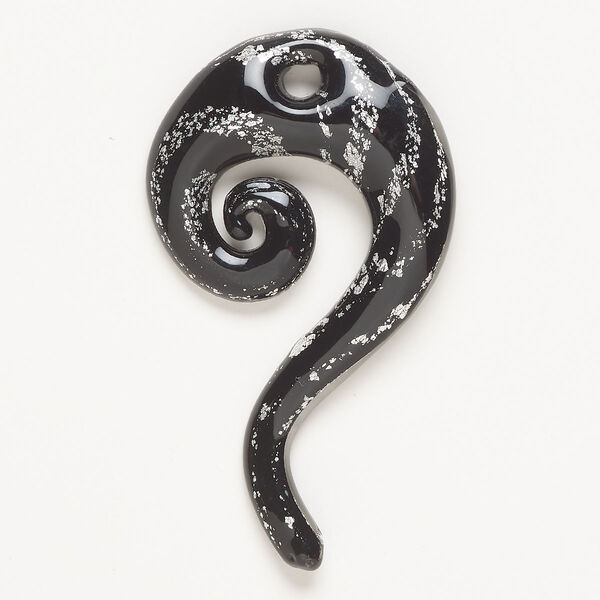 Focal, lampworked glass, opaque black with silver-colored foil, 3x1-3/4 inch spiral. Sold individually. image number 0