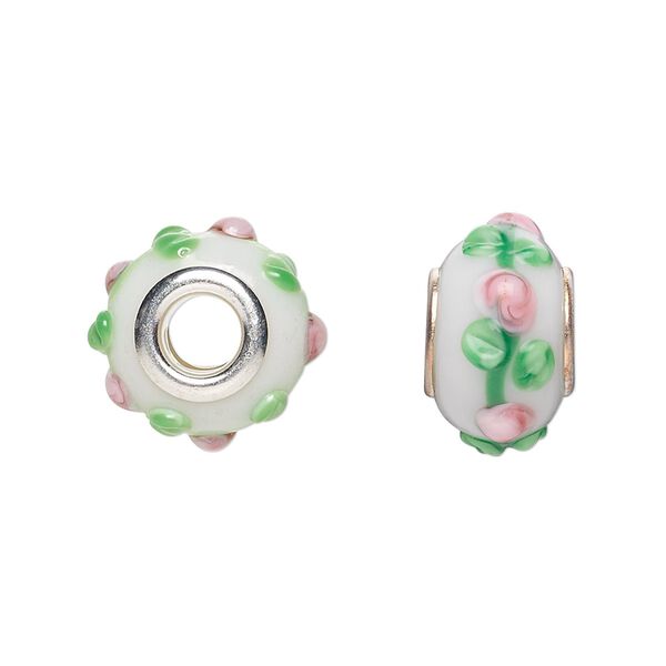 Bead, Dione®, lampworked glass with silver-plated steel grommets, white / pink / green, 14x10mm bumpy rondelle with flowers. Sold per pkg of 6. image number 0
