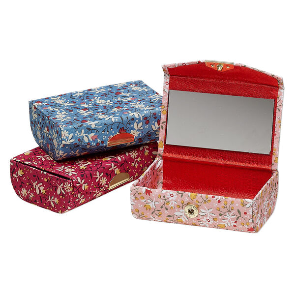 Box, cotton / glass / gold-finished steel, multicolored, 3-3/8 x 2-1/4 inch rectangle with flower design and 3x1-1/2 inch mirror with snap closure. Sold per pkg of 3. image number 0
