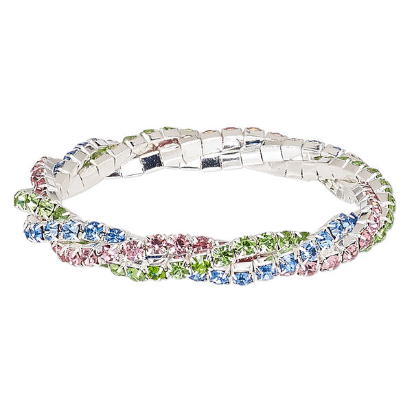 Bracelet, stretch, glass rhinestone and silver-plated brass, blue / purple / green, 9mm wide braided cupchain, 7 inches. Sold individually. image number 0