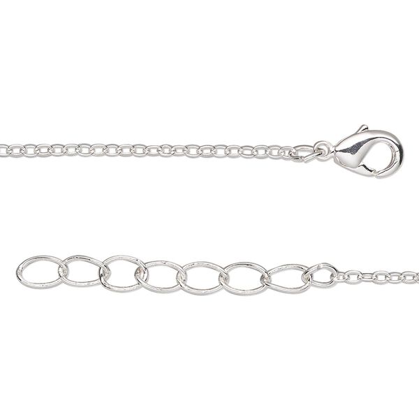 Chain, silver-finished brass, 1.5-1.7mm cable, 20 inches long with 1-1/4 inch extender chain and lobster claw clasp. Sold per pkg of 2. image number 0