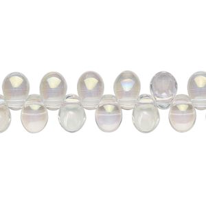 Bead, pressed glass, translucent clear AB, 8 x 6mm concave-back teardrop, top-drilled. Sold per 8-inch strand, approximately 55 beads.
