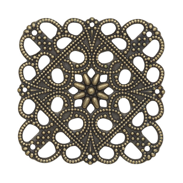 Focal, antique gold-plated steel, 35mm double-sided filigree square with 8 loops. Sold per pkg of 10. image number 0