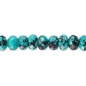 Bead, "turquoise" (resin) (imitation), blue and black, 8x5mm faceted rondelle with matrix. Sold per 8-inch strand, approximately 40 beads.