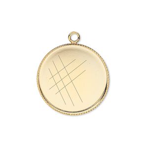 Drop, gold-plated brass, 21mm round with beaded edge and 20mm round bezel setting. Sold per pkg of 2.