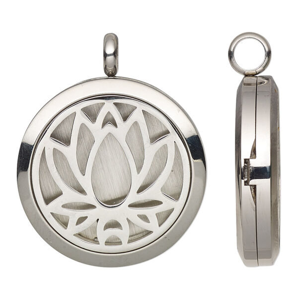Pendant, Everyday Jewelry, stainless steel, 37x30mm hinged round locket with single-sided cutout lotus and magnetic closure. Sold individually. image number 0