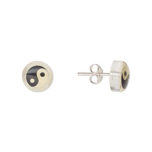 Earstud, Everyday Jewelry, sterling silver and acrylic, black and light yellow, 9mm round with yin-yang. Sold per pair.
